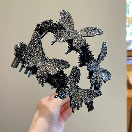 Idel full diamond three-dimensional butterfly tooth comb hairband for women, high-end, light luxury, high skull, face wash, hair bundle, temperament pressure hairpin headdress F3513 full diamond butterfly hairband