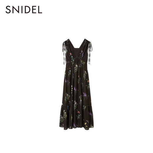 SNIDEL [Same Model in Celebrity] 2025 Autumn and Winter New V-neck Sleeveless Lace-up Waist Printed Dress SWFO254120 Gray S (0)