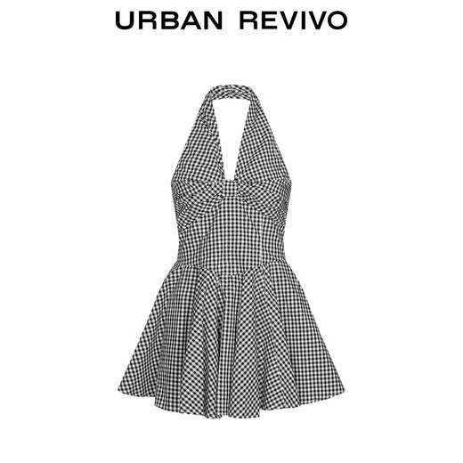 UR2025 Herbst Neue Frauen lässig gegnerisch gekuppelt Kink Halter Hals Mini-Short-Kleid UYL750122 Schwarzer Plaid xs