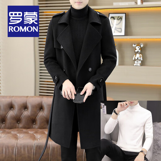 ROMON high-end over-the-knee double-sided woolen coat for men, long autumn and winter new style, thickened and handsome woolen windbreaker for men, brown XL size