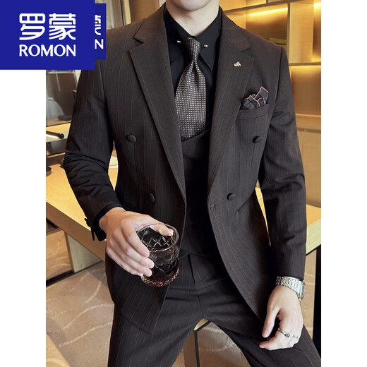 ROMON double-breasted suit men's business professional formal fit groom wedding suit fashionable British navy blue three-piece suit + vest + pants shirt 7XL 64205-220Jin Jin equals 0.5 kg to wear