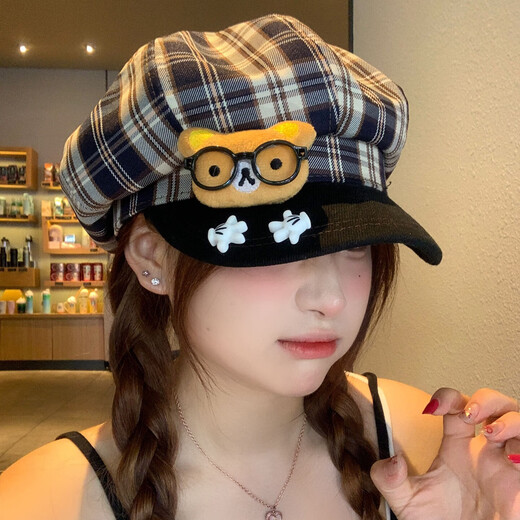 Tuzun Cute Cartoon Glasses Bear Plaid Octagonal Beret Women's Versatile Big Head Circumference Showing Face Little Duck Tongue Painter Hat Plaid Bear One Size