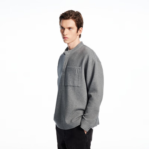 SEASON HIGHSEASON HIGH men's sweatshirt solid color simple comfortable classic henley collar loose top S25333006 MEDIUM GRAY MELANGE medium gray regular M