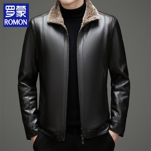 Luo Meng Haining imitation leather leather jacket men's fur one-piece plus velvet thickened dad's clothing middle-aged and elderly leather jacket men's leather jacket black M