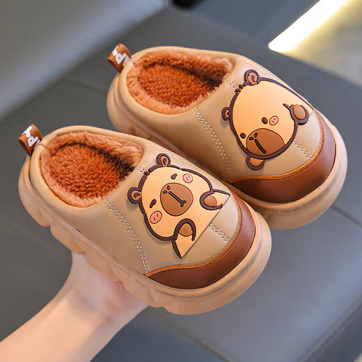 Kapibara children's cotton slippers for boys in autumn and winter 2025 new style for home and outdoor wear parent-child non-slip girls to keep warm Upgraded version of environmentally friendly material dark coffee (heel included) 12 34/35 size (shoe inner length 20CM suitable for feet 19