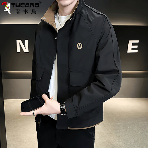 Woodpecker Jacket Men's 2025 Autumn and Winter New Slim Fit Color Block Jacket Versatile Top Plus Velvet and Cotton Fashion Cotton Clothes Black XL