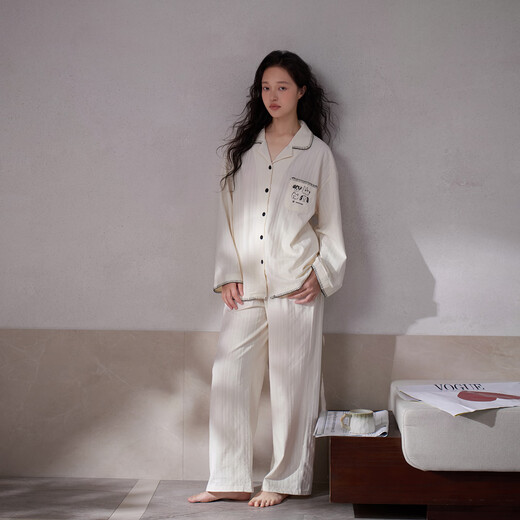 Mrs. Slee SLEEP TIGHT couple pajamas 2025 new spring and autumn pure cotton long-sleeved one man and one woman high-end temperament style can be worn outside home clothes HZ2938-women's L