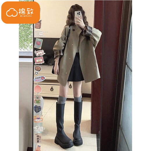 Cotton Korean style windbreaker jacket for women British style autumn and winter new fashion high-end stand-up collar short popular coat 125 khaki high quality S 80-100Jin Jin is equal to 0.5 kg