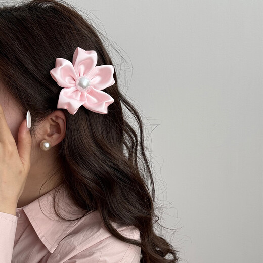 Su Chun Korean gentle girlish atmosphere pink satin cherry hair clip headdress temperament high-end versatile edge clip pink-flower hair clip brooch 0 pieces
