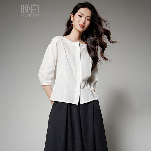 Late White New Product 2025 Autumn Skin-Friendly Korean Style Shirt Temperament Round Neck Age Reduction Fashion Shirt Women White L
