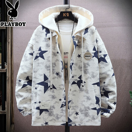 Playboy (PLAYBOY) fake two-piece hooded jacket for men in autumn and winter 2025 new velvet thickened jacket trendy brand youth workwear jacket 10223/W9903 Bear L (about 120~140Jin Jin is equal to 0.5kg can be worn)