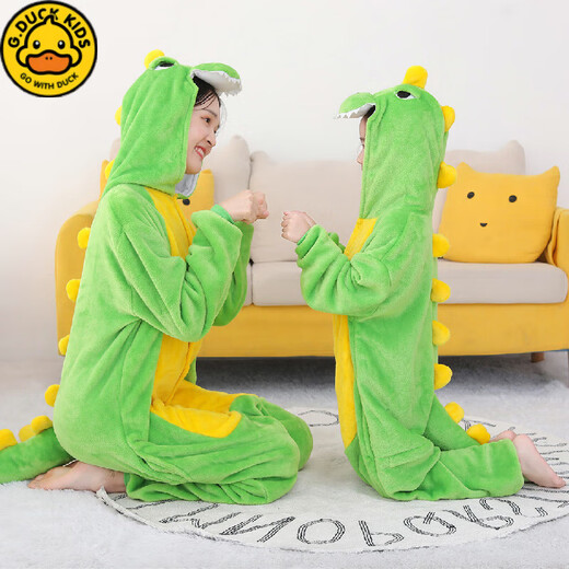 G.DUCKKIDS Cute Tyrannosaurus Pajamas Autumn and Winter Little Girls Boys Coral Velvet Cartoon Long Sleeve Girls Children One-piece Home Clothes Bean Green Dragon 165 Adult S# High 145-155 with Shoes