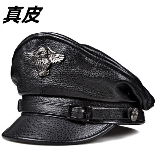 Feshelan genuine leather top hat men's autumn and winter retro cowhide flat top hat British Harley young and old motorcycle hat captain hat black 57-58cm