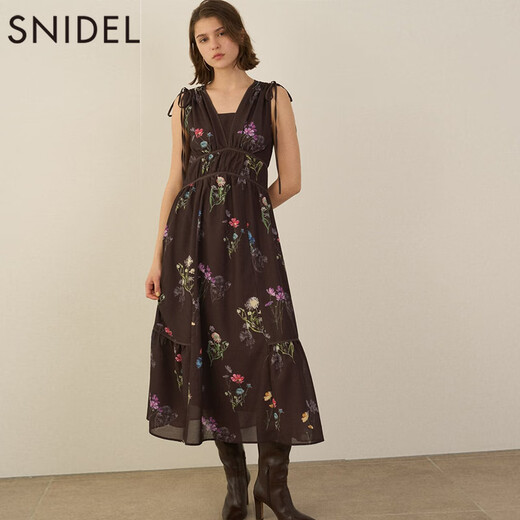 SNIDEL [Same Model in Celebrity] 2025 Autumn and Winter New V-neck Sleeveless Lace-up Waist Printed Dress SWFO254120 Gray S (0)