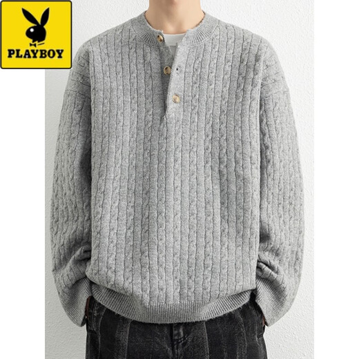 Playboy (PLAYBOY) Henry collar sweater men's autumn and winter American retro cable pattern long-sleeved sweater thickened inner base sweater 6002-cloud yarn gray thickened XL