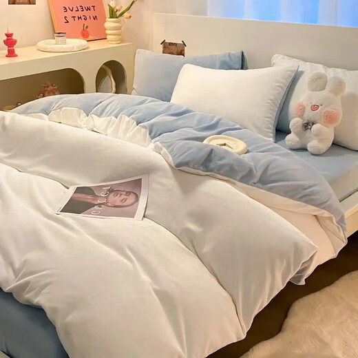 Mercury Home Textiles Thickened Milk Velvet Quilt Cover Four-piece Set Winter Coral Velvet Bed Three-piece Set Warm Milk White + Baby Blue Fc Thickened Warmth No Shedding Sheet Type 1.8 Bed Four-piece Set Quilt Cover 180*220