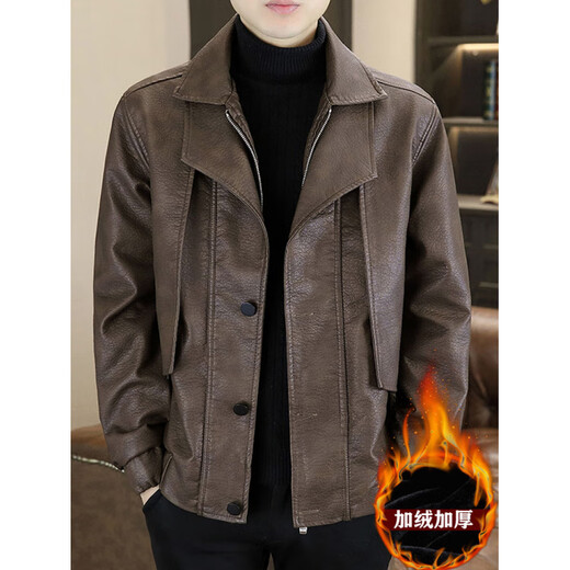 芒芒冬季蜡染皮衣男加绒加厚潮牌休闲PU皮夹克男士假两件机车服外套 咖啡色 加绒 4XL 170-190斤左右