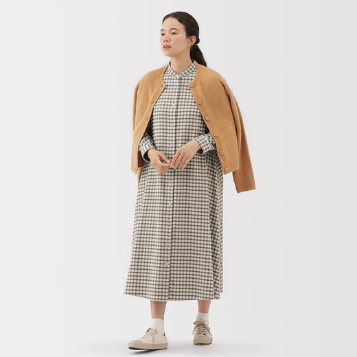 Женская фланелевая стойка Muji Женское платье с длинным рукавом женская юбка для хлопкового платья 25-летняя осень Новый продукт Легкий бежевый чек M (160/84A)