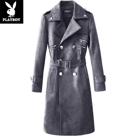 花花公子（PLAYBOY）复古麂皮风衣男士春秋季新款时尚欧货流苏帅气中长版外套男装潮流 军绿色 男款 S