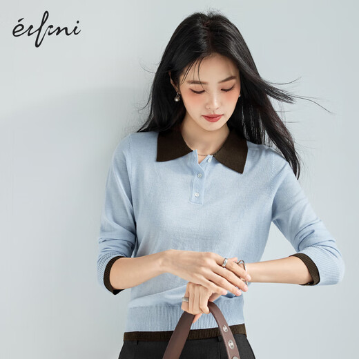 Eifli (eifini) Eifli contrast color POLO collar long sleeve pullover knit sweater fashionable top for women 2025 autumn new light blue S 80-105Jin [Jin equals 0.5 kg]
