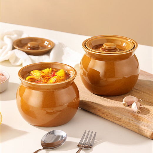 Stew pot for stewing household steamed egg custard over water, small crock pot steaming pot, ceramic one-server with lid, soup and egg custard, thickened version, crock pot stew pot (brown), single pack 500ml