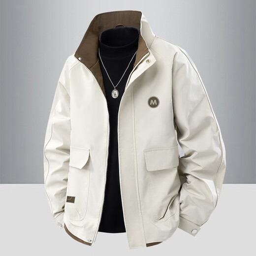 Men's coat spring and autumn new trendy brand stand collar jacket clothes men's zipper trendy casual outer wear autumn top black regular original high quality 3XL recommended 160-180Jin Jin equals 0.5 kg