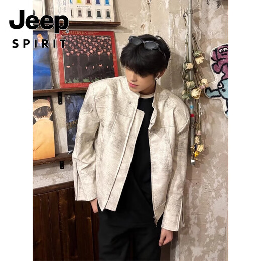 JEEP SPIRIT American short motorcycle leather jacket for men with high-end design, handsome and fashionable stand-up collar bomber jacket, gray, upgraded, high quality, versatile and fashionable, M 100-115Jin Jin is equal to 0.5kg. Collect and purchase for priority delivery.