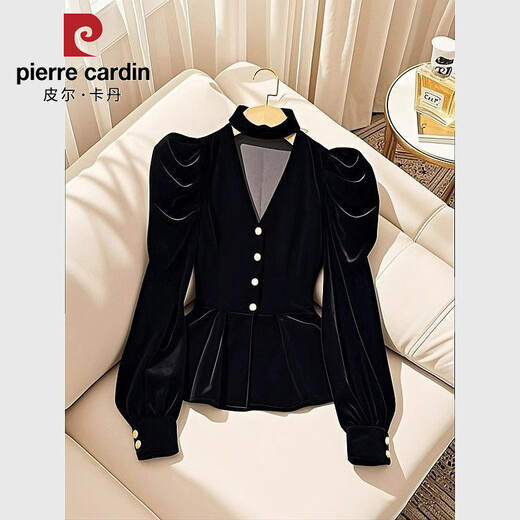 Pierre Cardin small fragrance black velvet long-sleeved shirt for women 2025 early autumn new halter neck French unique beautiful top black 2XL 125-140Jin Jin equals 0.5 kg