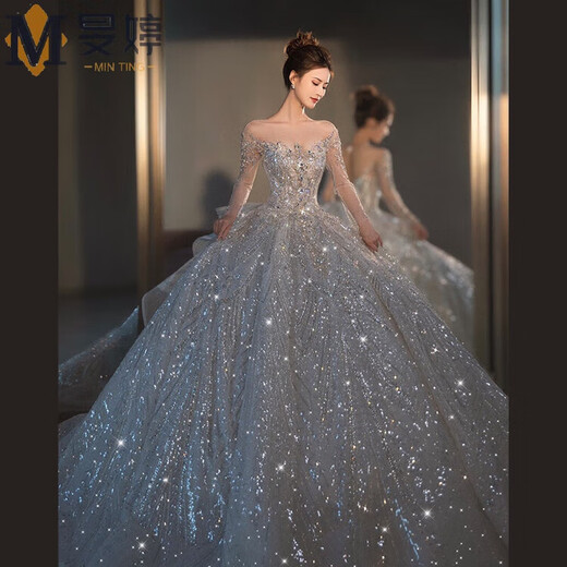 
Three-point DreamWork Wedding Dress Bride Main Yarn Heavy Industry High-Custom tailing French Starry One-Shoulder Wedding Dress Women's New Style Bride S Qidi Wedding Dress L All Size