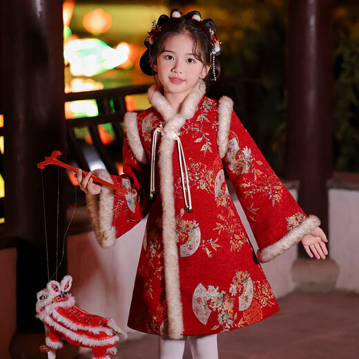Anneyol Girls' Cheongsam New Year's Eve Costume Winter Chinese Style Children's New Year Hanfu Skirt Thickened Winter Style Red 130