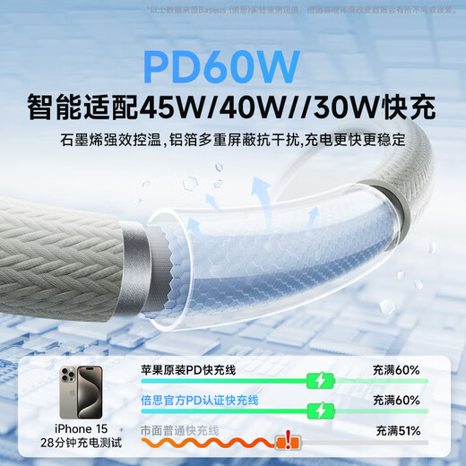 Baseus Apple 17/16/15 charging cable Type-C data cable double-ended PD60W fast charging ctoc car suitable for iPhone17/16e/15proMax tablet iPad notebook