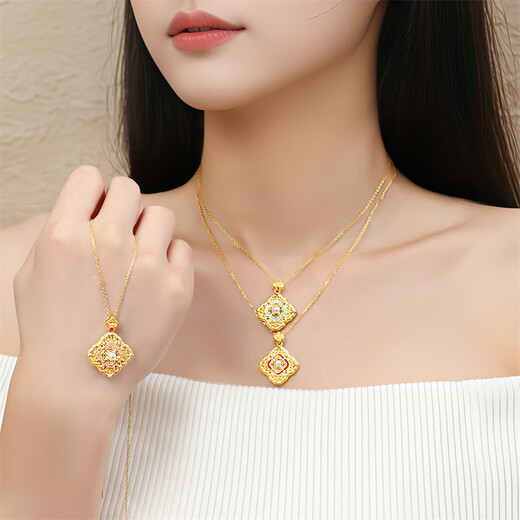 Shipulin 18K gold pendant, new Chinese style four-in-one Ruyi pendant for women, green about 0.34g+pearl+Hetian jade+silver chain