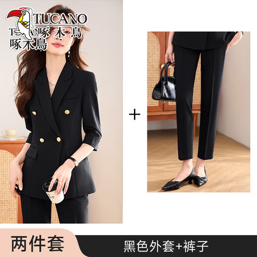 Woodpecker Summer Business Suit Suit Women's Thin Interview Formal High-end Mid-Sleeve Suit Jacket Temperament Work Wear Black Suit + Black Formal Pants L
