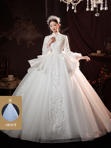 Rindu wedding dress bridal main wedding dress 2025 high-end winter main wedding dress 2025 new bridal French bow long-sleeved autumn floor-length wedding dress + three-piece set + 1.5 meter veil + gloves + bustle S S90Jin Jin is equal to about 0.5 kg