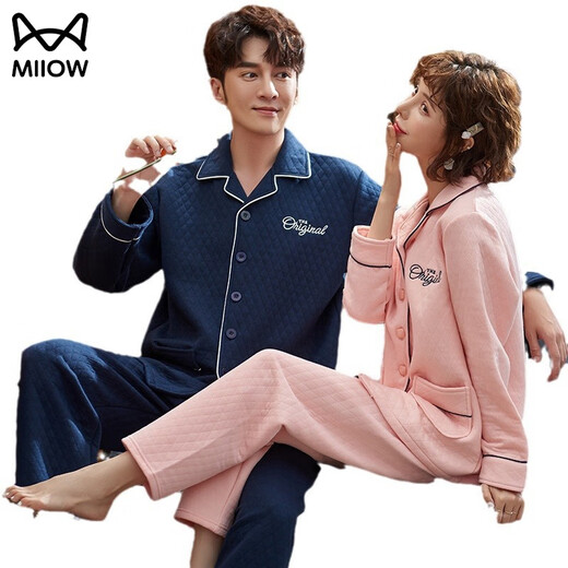 Cat Man (MiiOW) Autumn and Winter Sandwich Couple Pajamas Women Wedding Newlywed Red Large Size Lapel Air Cotton Thin Quilted Home Clothes Men CY Male 3415 Female 2315 3XL Male