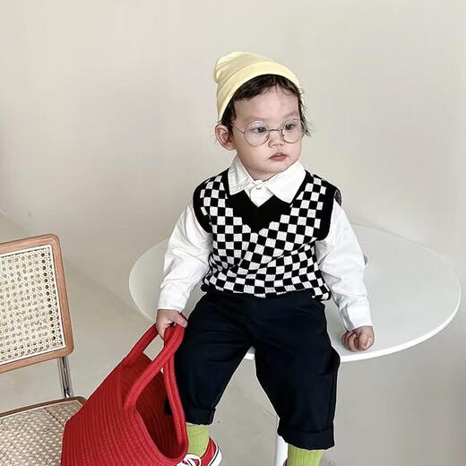 Checkerboard Vest Children's Wool Vest 2025 Winter New Style Girls' Style Vest Plus Velvet Sweater Top Black BF073 Plaid Vest 110