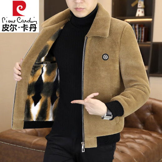 Pierre Cardin 2025 winter gold mink velvet jacket men's new high-end woolen casual plus velvet thick new large size men's jacket ZL-J6691 coffee (plus velvet) thickened XL (130-145Jin Jin equals 0.5 kg)