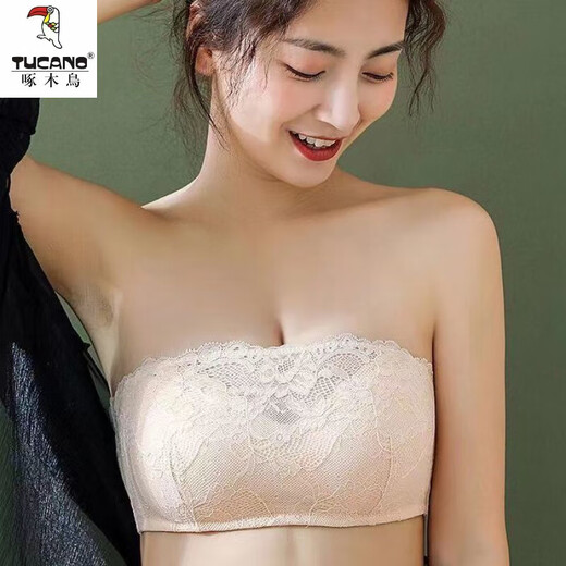 Woodpecker's new strapless underwear for women with small and flat chests, special push-up non-slip bandeau style wedding bra (1 piece) skin color with breast pads and steel rings M 75A/B (lower bust 73-77C)