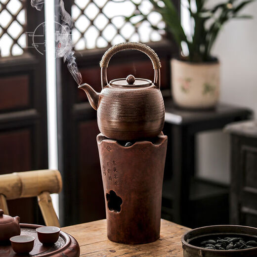 Tea boiling in the stove, firewood, lifting beam, boiling tea, pure handmade large capacity ceramic simple household water-burning coarse ceramic pot, charcoal stove, more than 1L, cypress wood fired model: 15839 No. 1380ml