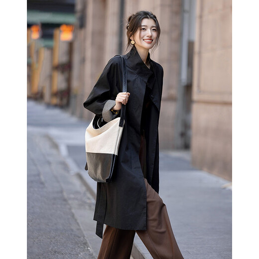 Demana brushed cotton autumn minimalist style stand collar dropped shoulder striped splicing small temperament women's windbreaker jacket