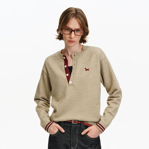 PCLP intermediate color Henry collar sweater spring and autumn loose American retro trendy couple lapel sweater apricot L