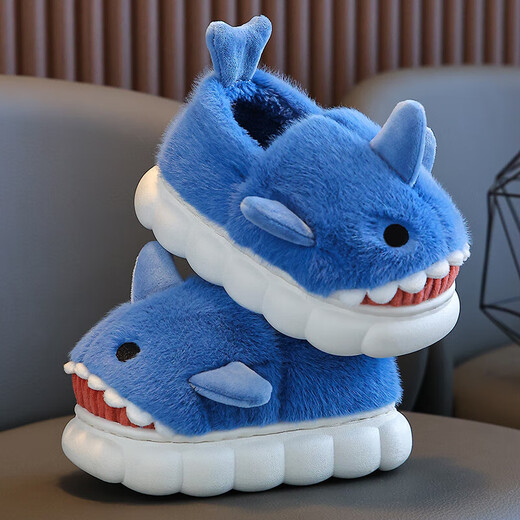 Children's cotton slippers autumn and winter waterproof home indoor non-slip boys cute shark pattern baby kids cotton slippers dark blue 12 36/37 size inner length 22.5CM