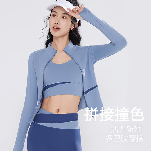 Victoria Traveler Yoga Wear Women's Suit Fitness Wear Running Sports Suit Women's Pilates Jacket with Breast Pad Three-piece Set Blue L