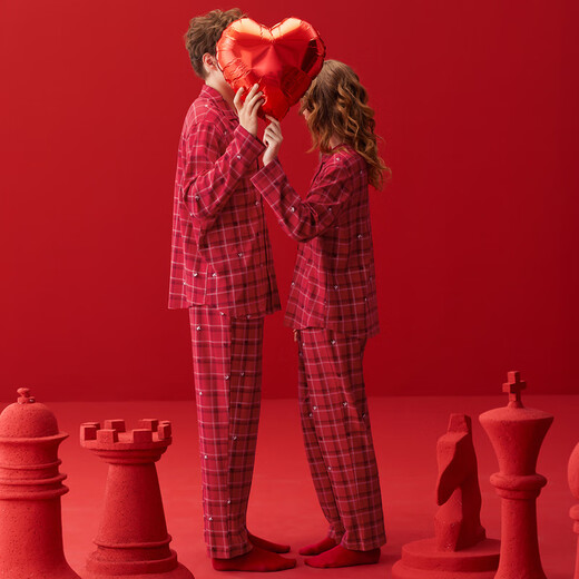 Fenten Couple Pajamas Women's Spring and Autumn Pure Cotton Plaid Long-Sleeved Antibacterial Suit Red Wedding Zodiac Year Men's New Home Clothing Red Plaid Single Women's Style L Recommendation: Female 110-124 Jin Jin equals 0.5 kg, male 126-146 Jin Jin equals 0.5 kg