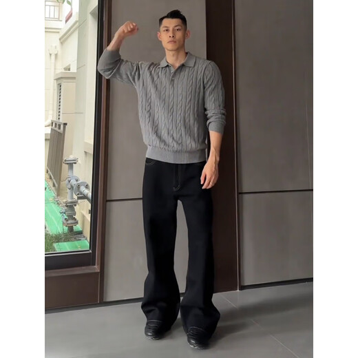 Muwei old money style Henry shoulder sweater men's autumn new retro polo collar cable knit bottoming top shirt gray XL recommended 130-150Jin Jin equals 0.5 kg