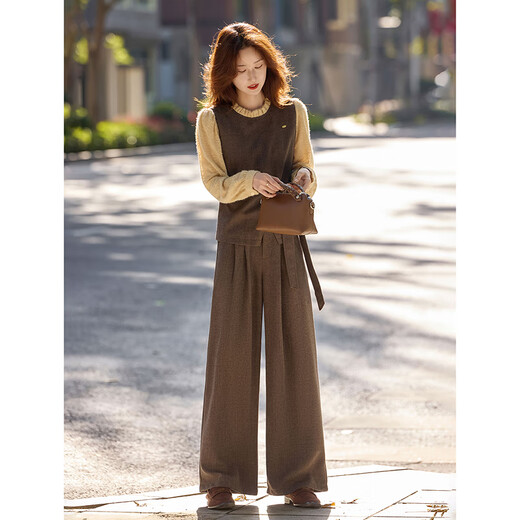 Awakening paradise, belted, fashionable and high-end, winter fashion fake two-piece shirt, straight wide-leg trousers, women's suit, dark brown S