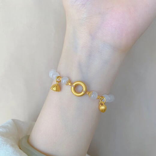 Chow Tai Fook 999 Pure Gold Two Worlds Gold Bracelet Women's Lotus Bud Lotus Bud Peace Bracelet and Tian Jade Bracelet Chinese Valentine's Day Gift Lotus Bud + Lotus Bud + Peace Buckle + 8 Gold Beads + Gift Box