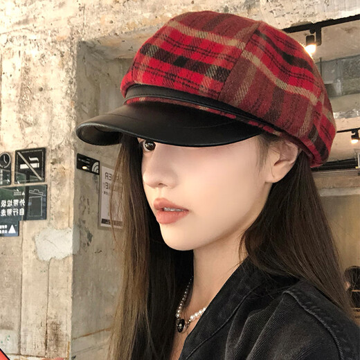 Yuna Red Plaid Woolen Octagonal Hat Women's Autumn and Winter British Retro Beret Hat Women's New Retro Newsboy Hat Red One Size