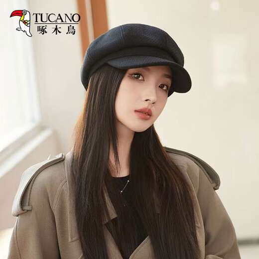 Woodpecker octagonal hat for women in autumn and winter, British versatile beret, fashionable hat, high-quality painter hat, newsboy hat for women, black, one size fits all