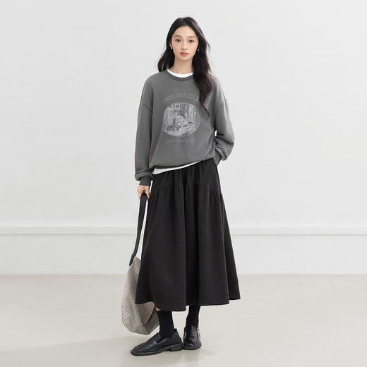 Dialogue (DUIBAI) Simple casual pleated A-line skirt for women 2025 winter new style soft and waxy versatile slim long skirt umbrella skirt quiet black pre-sale shipped 15 days after payment S